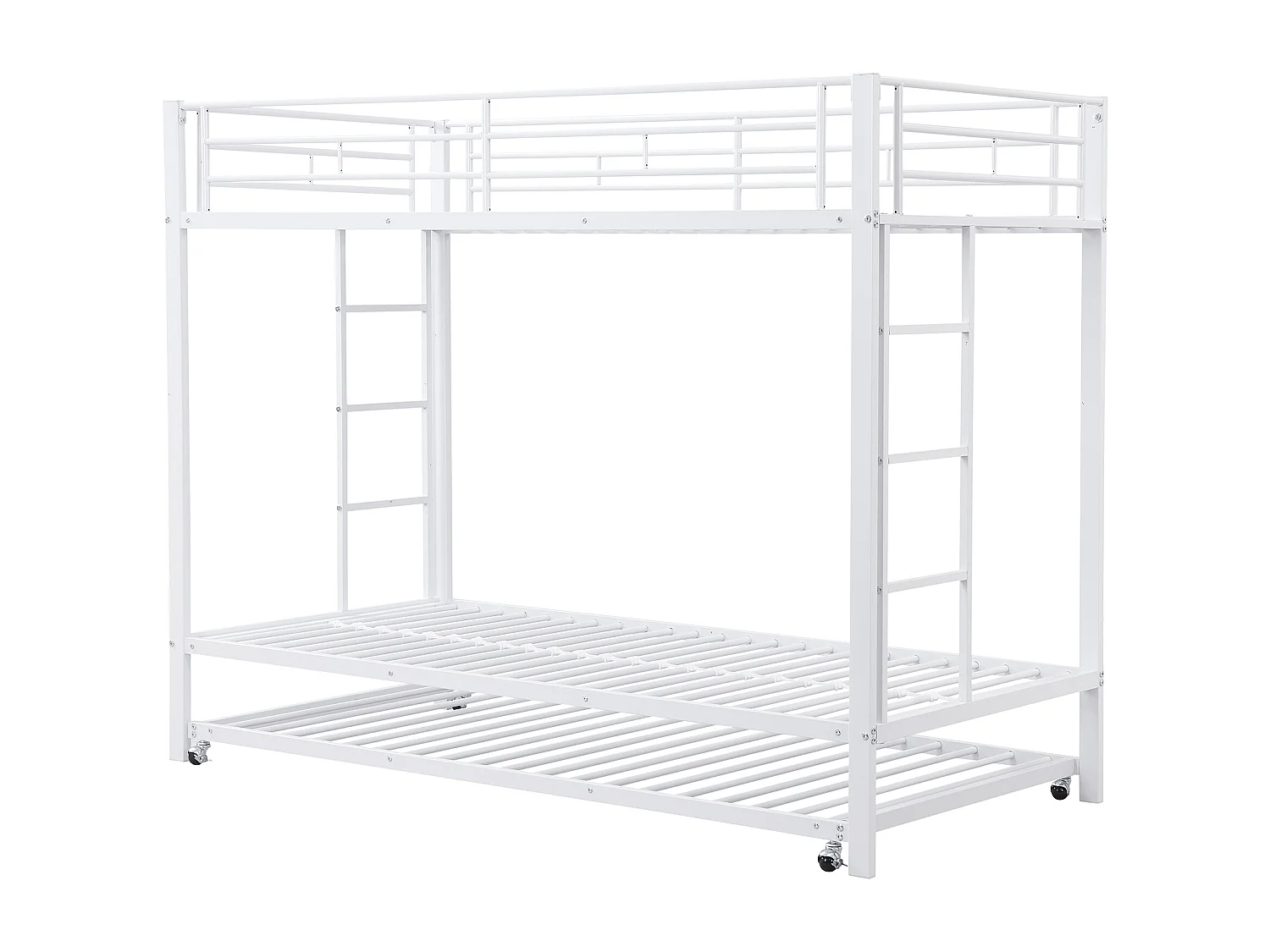 Litera de 90x200cm, estructura de hierro, con cama nido de 90x190cm, somier de láminas y 2 escaleras, certificada EN747, robusta y duradera, color blanco.