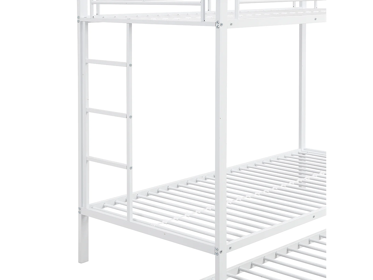 Litera de 90x200cm, estructura de hierro, con cama nido de 90x190cm, somier de láminas y 2 escaleras, certificada EN747, robusta y duradera, color blanco.