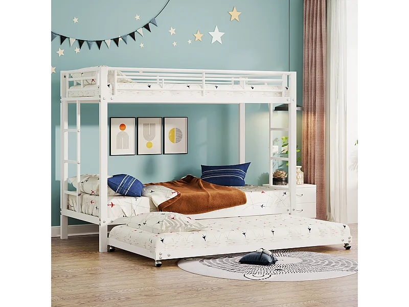 Lit superposé 90x200cm, cadre en fer, avec lit gigogne 90x190cm, sommier à lattes, et 2 échelles, certifié EN747, robuste et durable, Blanc