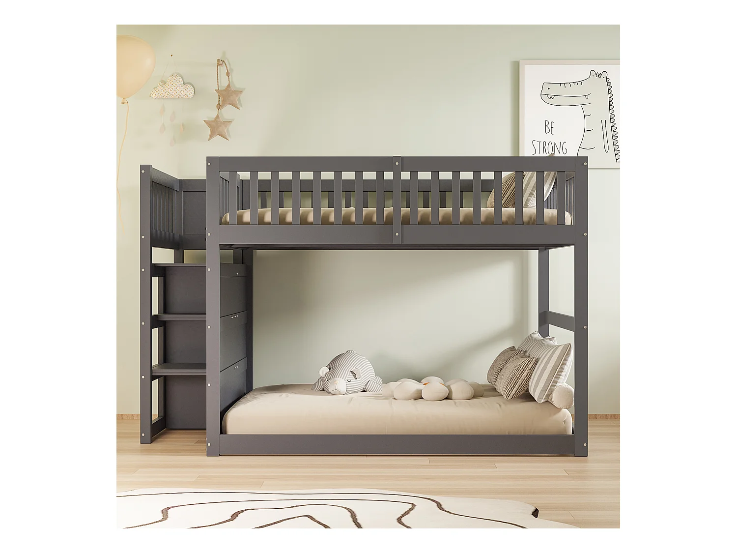 Lit superposé bas Lit enfant 140 x 200 cm en bois avec compartiments de rangement ouverts et clôture, gris