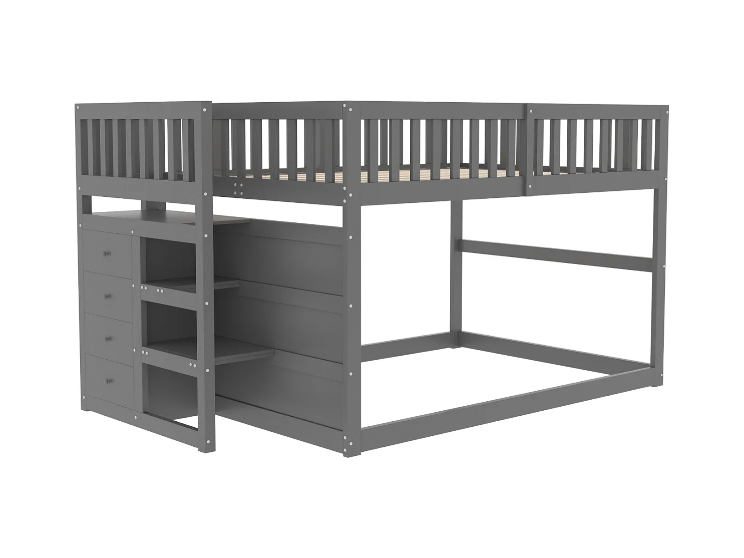 Lit superposé bas Lit enfant 140 x 200 cm en bois avec compartiments de rangement ouverts et clôture, gris