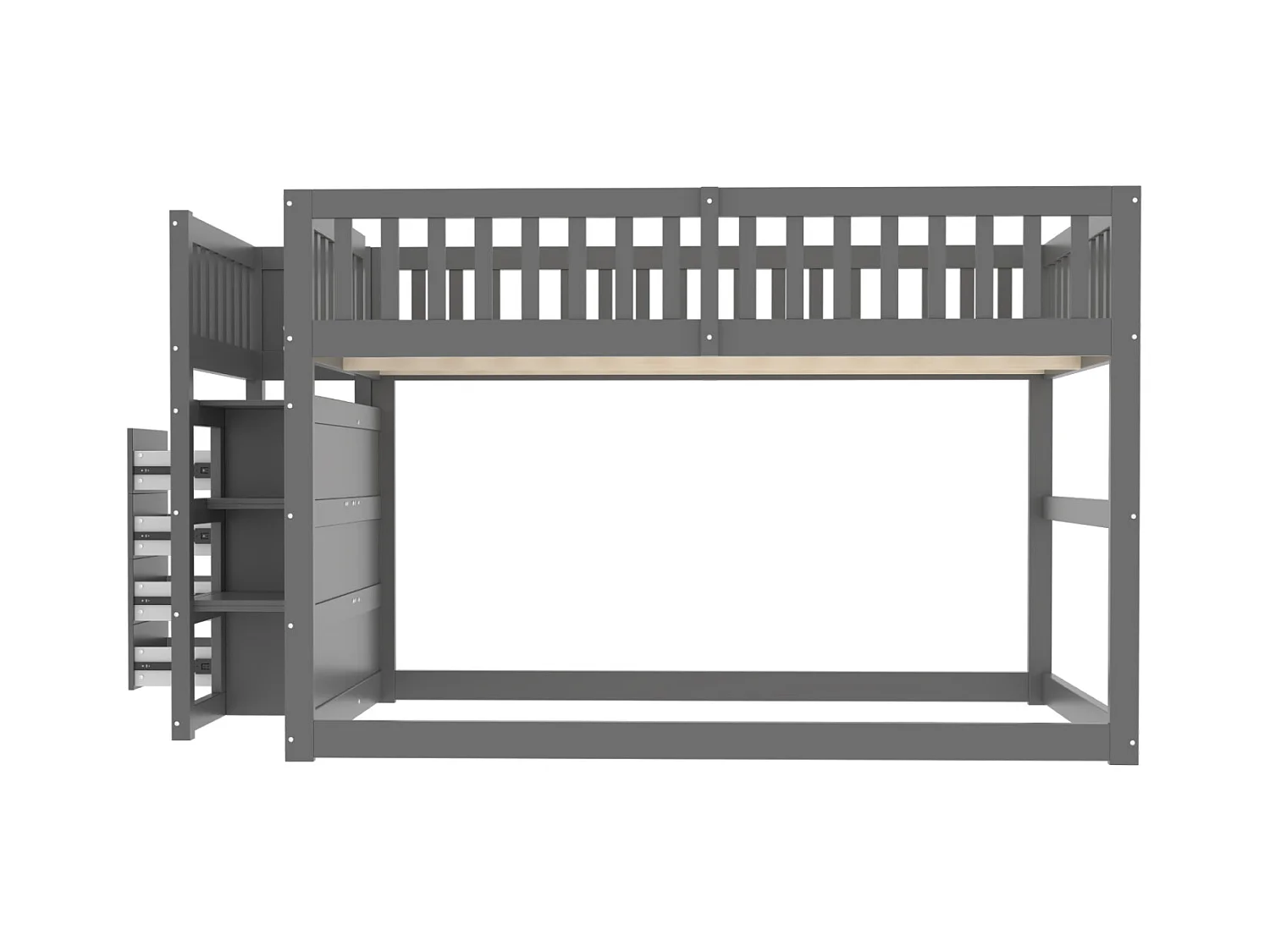 Lit superposé bas Lit enfant 140 x 200 cm en bois avec compartiments de rangement ouverts et clôture, gris