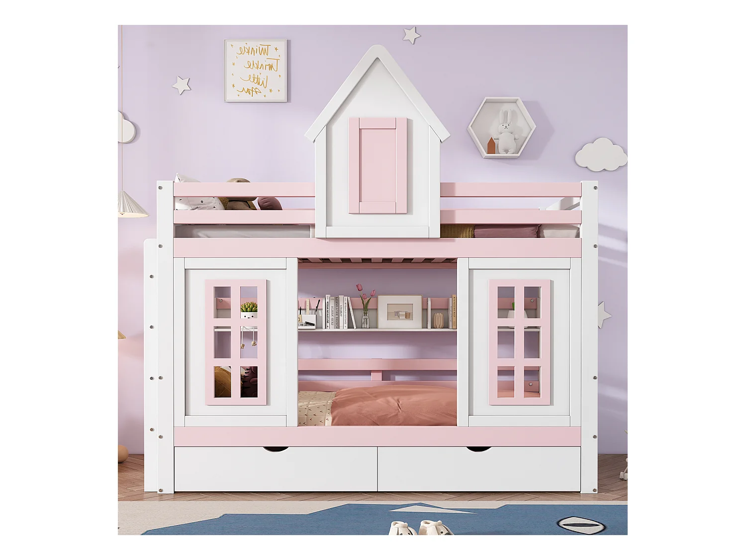 Litera 90x200cm - 2 cajones, estante abierto, somier de láminas - pino + MDF, blanco + rosa