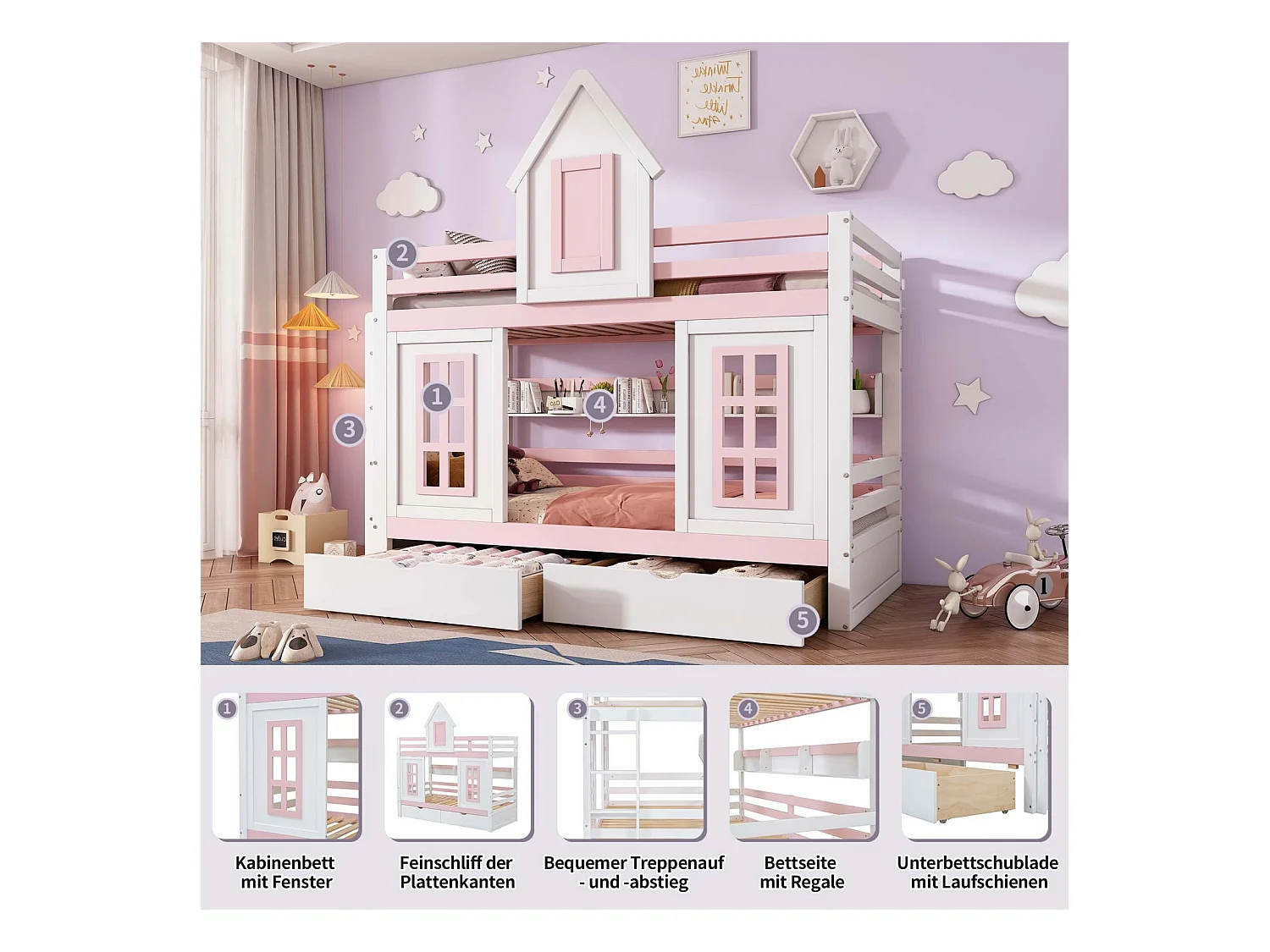 Litera 90x200cm - 2 cajones, estante abierto, somier de láminas - pino + MDF, blanco + rosa