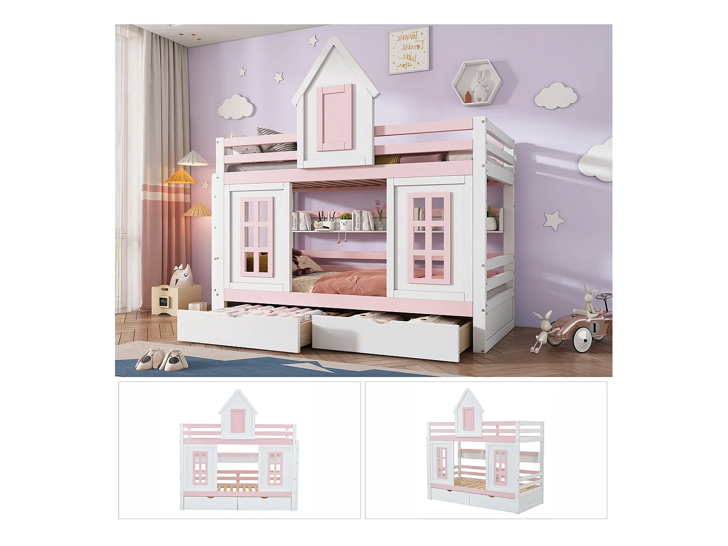 Litera 90x200cm - 2 cajones, estante abierto, somier de láminas - pino + MDF, blanco + rosa