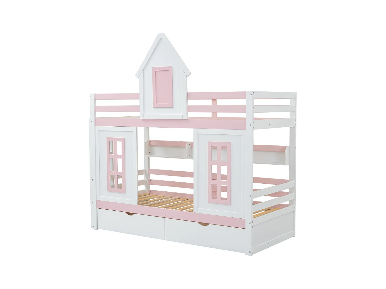 Litera 90x200cm - 2 cajones, estante abierto, somier de láminas - pino + MDF, blanco + rosa