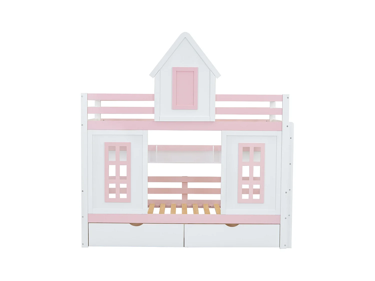 Litera 90x200cm - 2 cajones, estante abierto, somier de láminas - pino + MDF, blanco + rosa