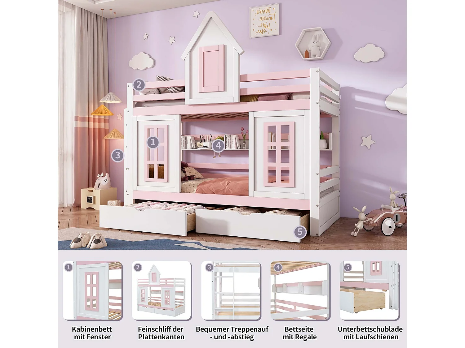 Stapelbed 90x200cm - 2 lades, open plank, lattenbodem - grenen + MDF, wit + roze