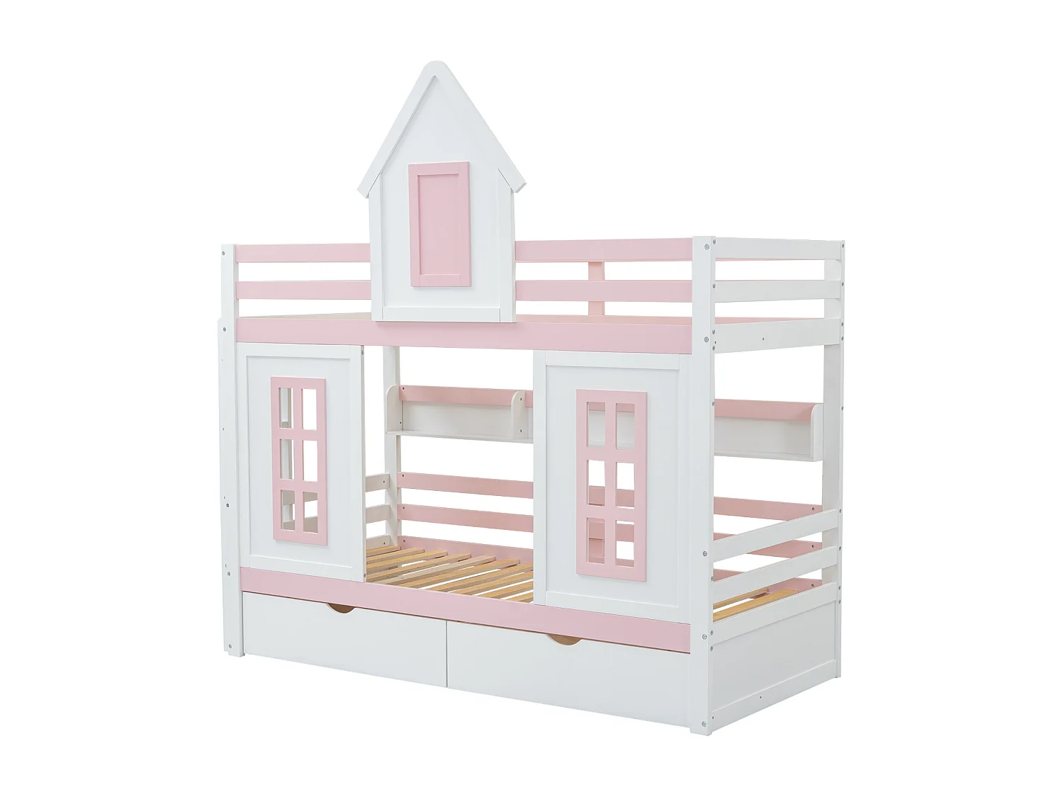 Stapelbed 90x200cm - 2 lades, open plank, lattenbodem - grenen + MDF, wit + roze