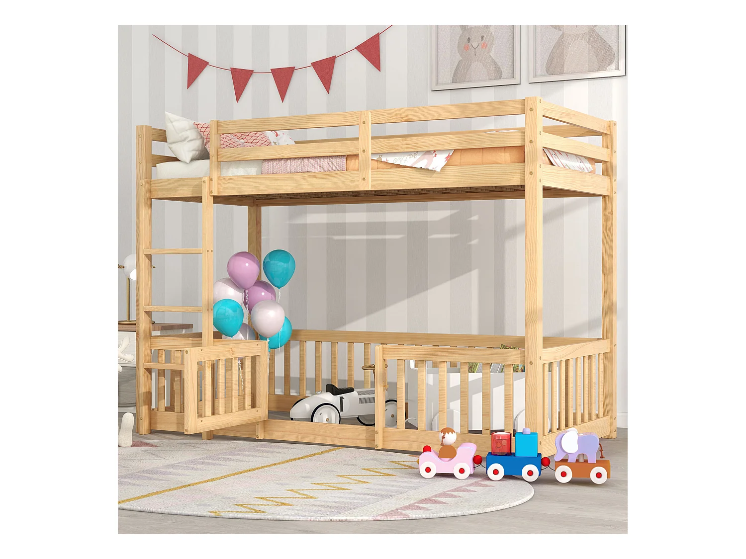 Lit superposé 90x200cm - lit enfant avec escalier et petites portes, protection contre les chutes et barrières en bois massif - naturel