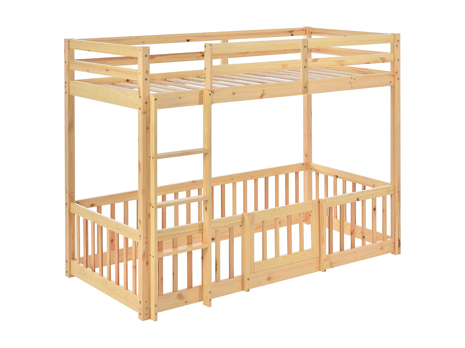 Lit superposé 90x200cm - lit enfant avec escalier et petites portes, protection contre les chutes et barrières en bois massif - naturel