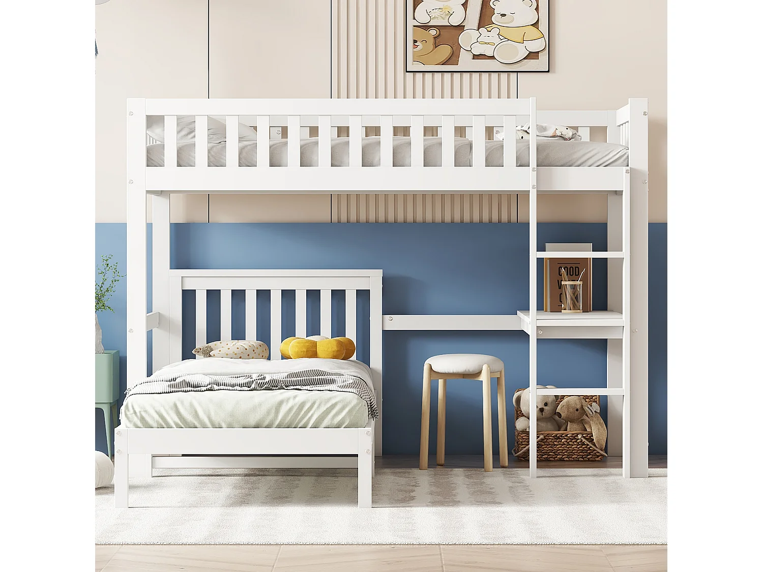 Lit Superposé 90x200cm avec un bureau,échelle à trois niveaux et sommiers stables,cadre en pin,Blanc