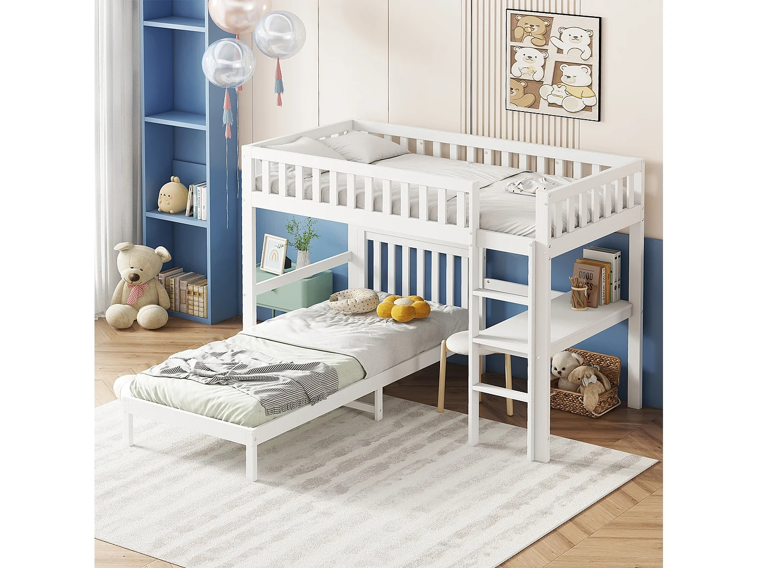 Lit Superposé 90x200cm avec un bureau,échelle à trois niveaux et sommiers stables,cadre en pin,Blanc