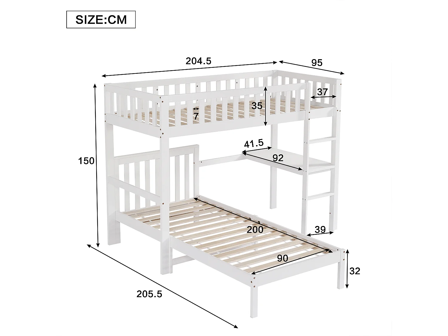 Lit Superposé 90x200cm avec un bureau,échelle à trois niveaux et sommiers stables,cadre en pin,Blanc
