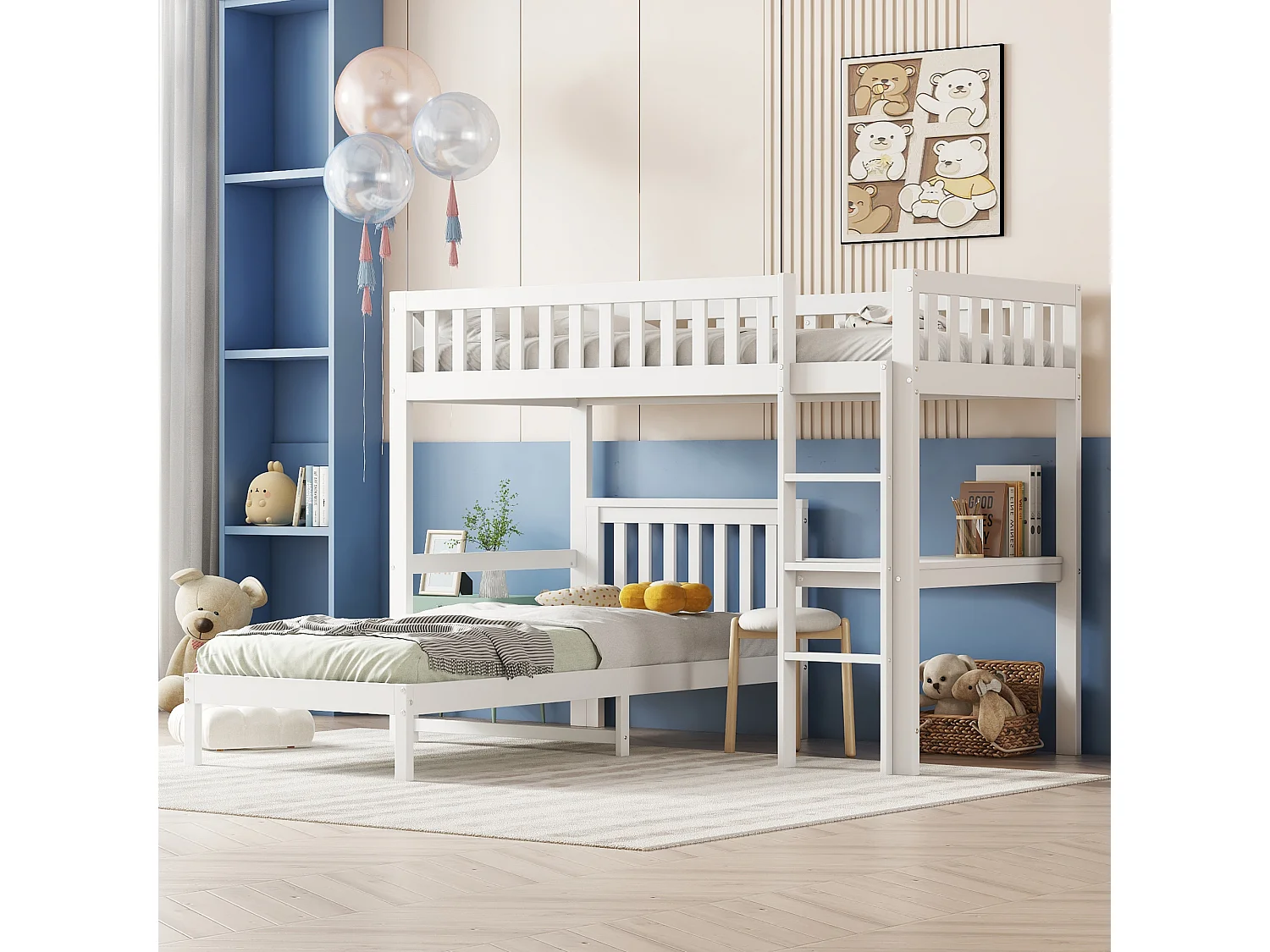 Lit Superposé 90x200cm avec un bureau,échelle à trois niveaux et sommiers stables,cadre en pin,Blanc