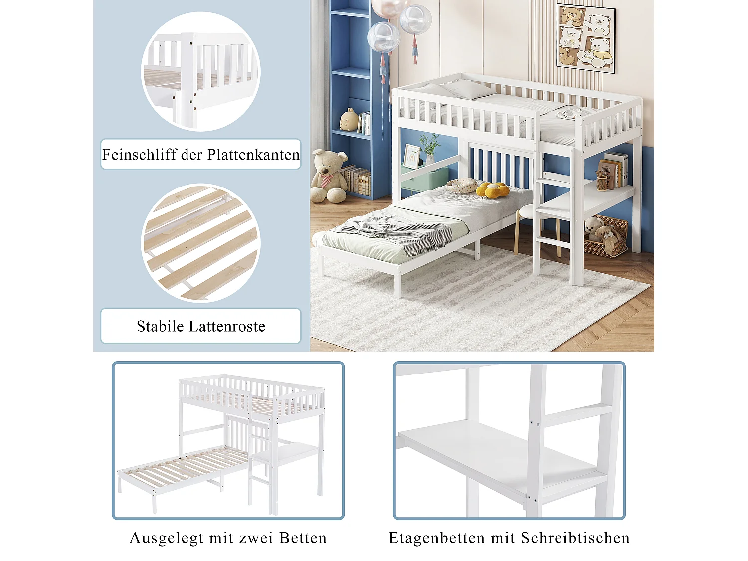 Lit Superposé 90x200cm avec un bureau,échelle à trois niveaux et sommiers stables,cadre en pin,Blanc