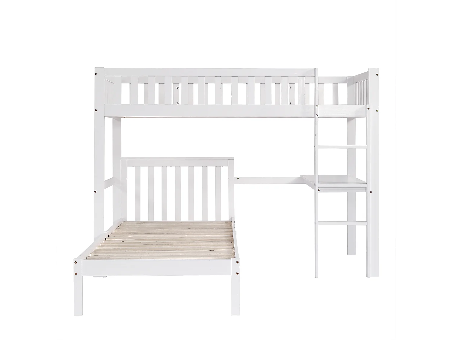 Lit Superposé 90x200cm avec un bureau,échelle à trois niveaux et sommiers stables,cadre en pin,Blanc