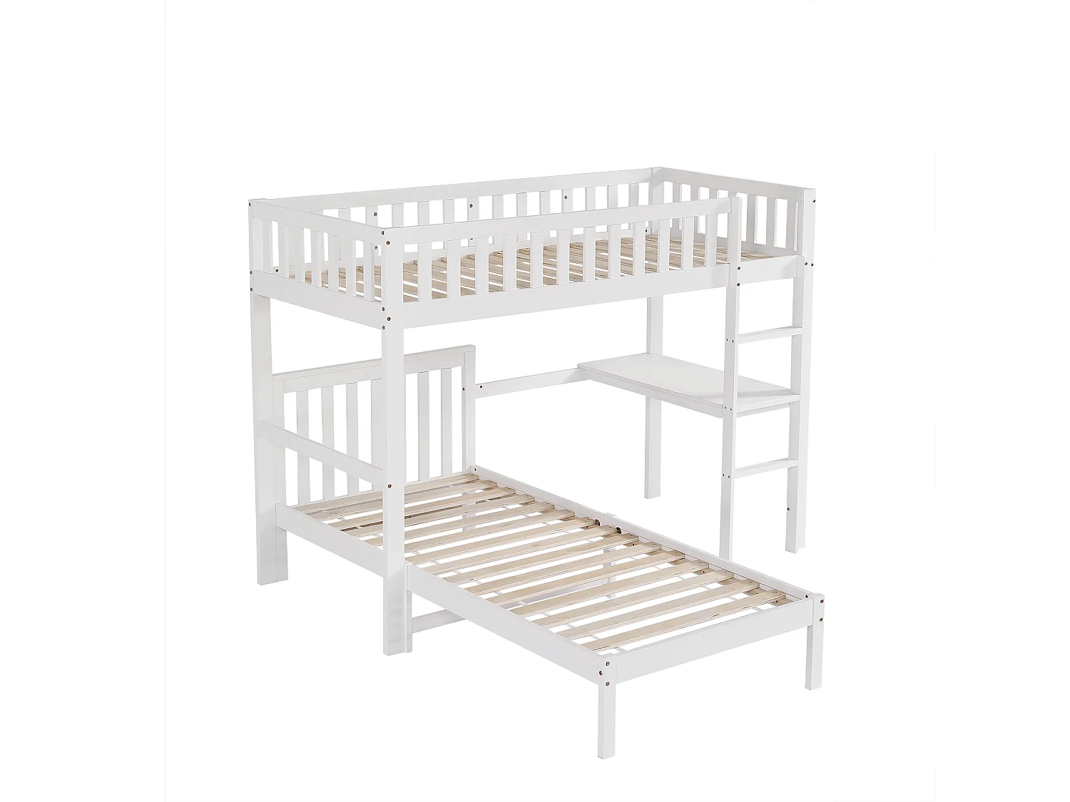 Lit Superposé 90x200cm avec un bureau,échelle à trois niveaux et sommiers stables,cadre en pin,Blanc