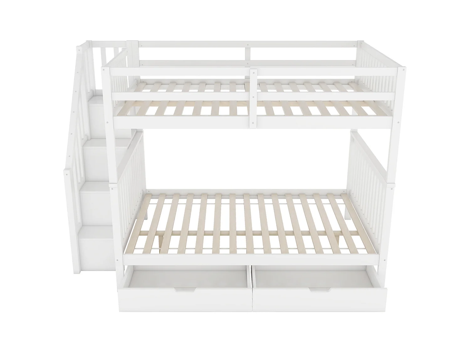 Lit superposé en bois de pin - avec 2 tiroirs et escalier de rangement - Blanc - 140x200cm