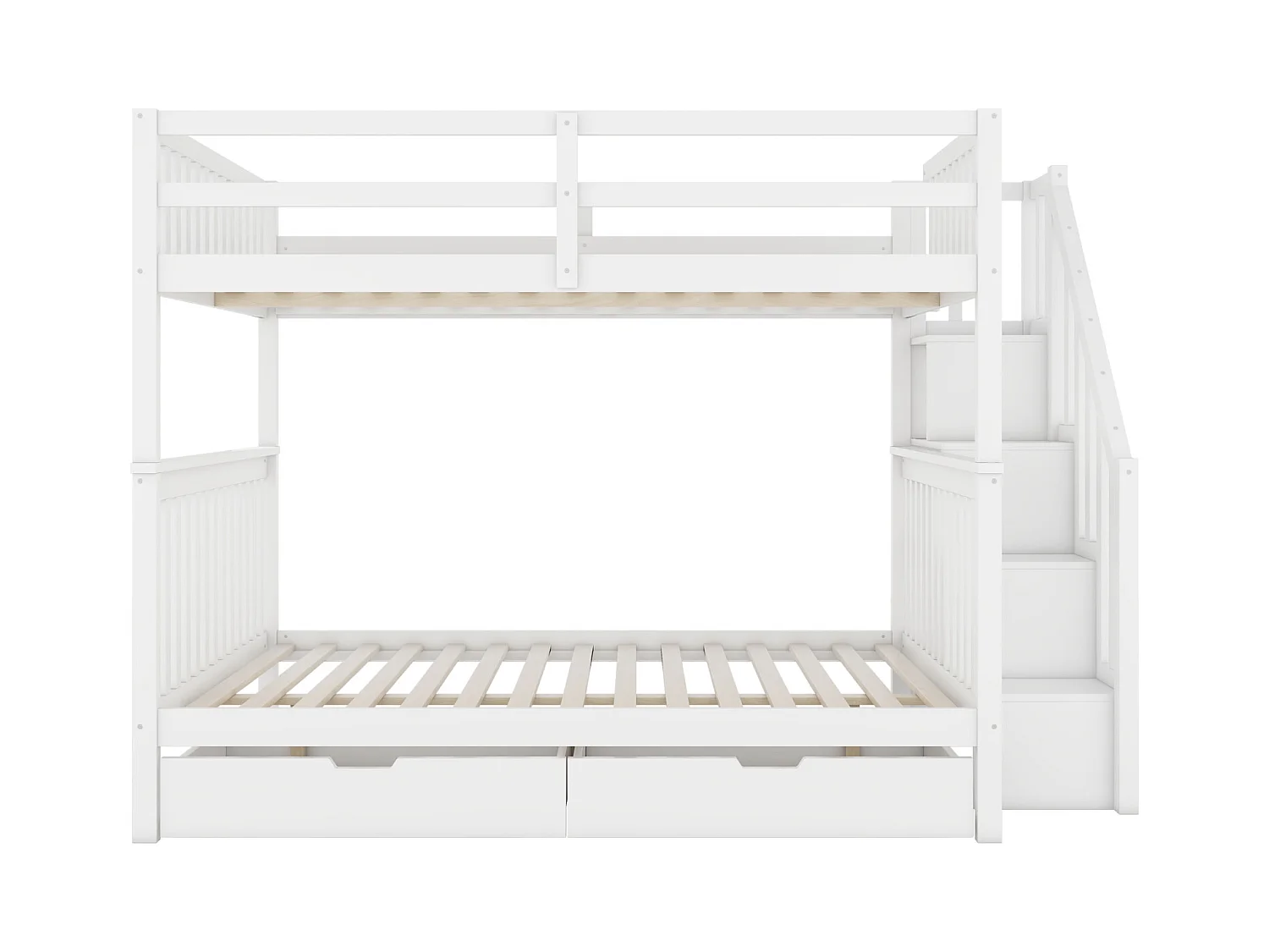 Lit superposé en bois de pin - avec 2 tiroirs et escalier de rangement - Blanc - 140x200cm