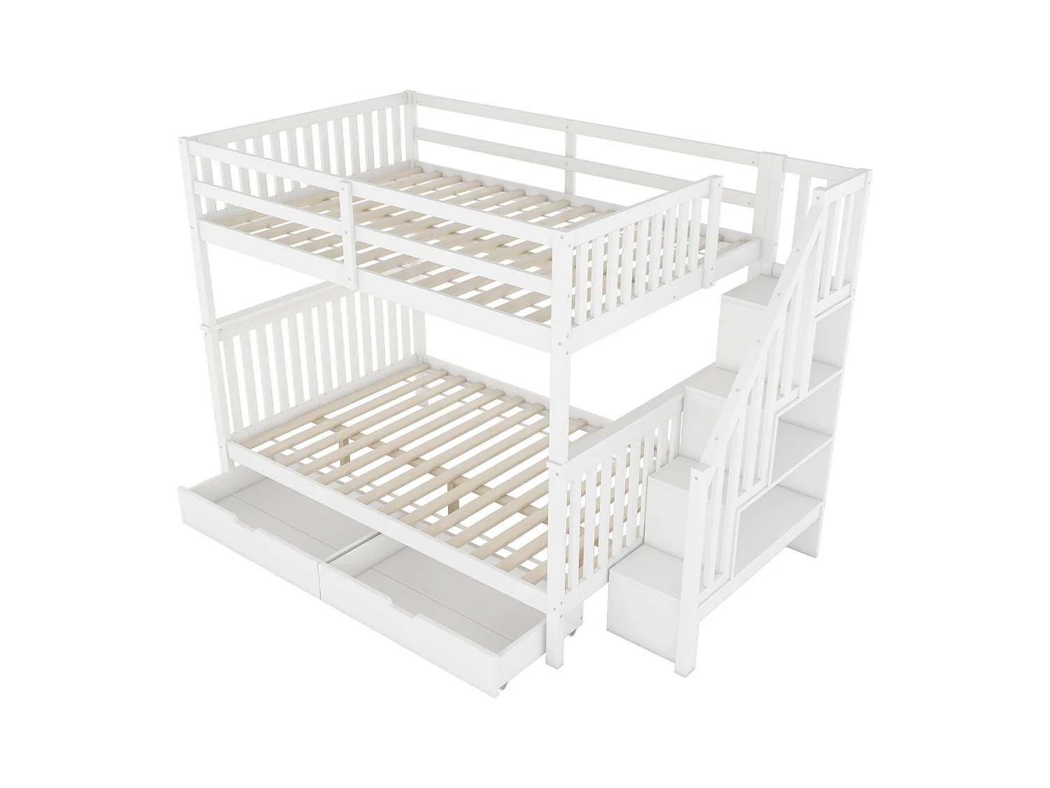 Lit superposé en bois de pin - avec 2 tiroirs et escalier de rangement - Blanc - 140x200cm