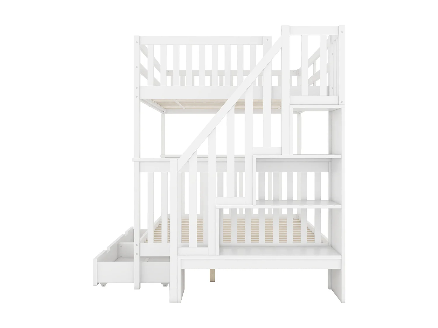 Lit superposé en bois de pin - avec 2 tiroirs et escalier de rangement - Blanc - 140x200cm