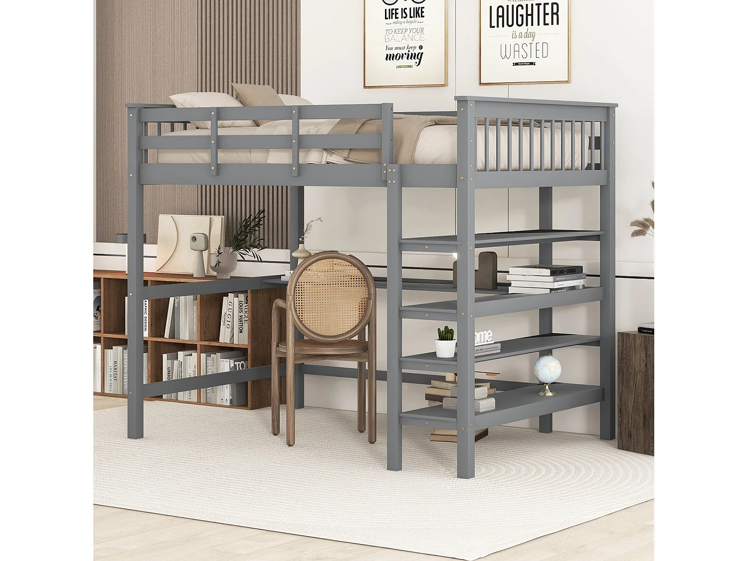 Kinderhoogslaper 140 x 200 met opbergvak en bureau onder het bed, grijs