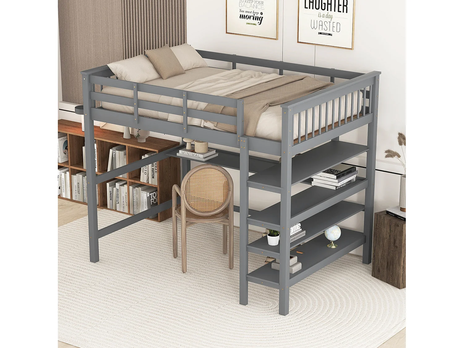 Kinderhoogslaper 140 x 200 met opbergvak en bureau onder het bed, grijs