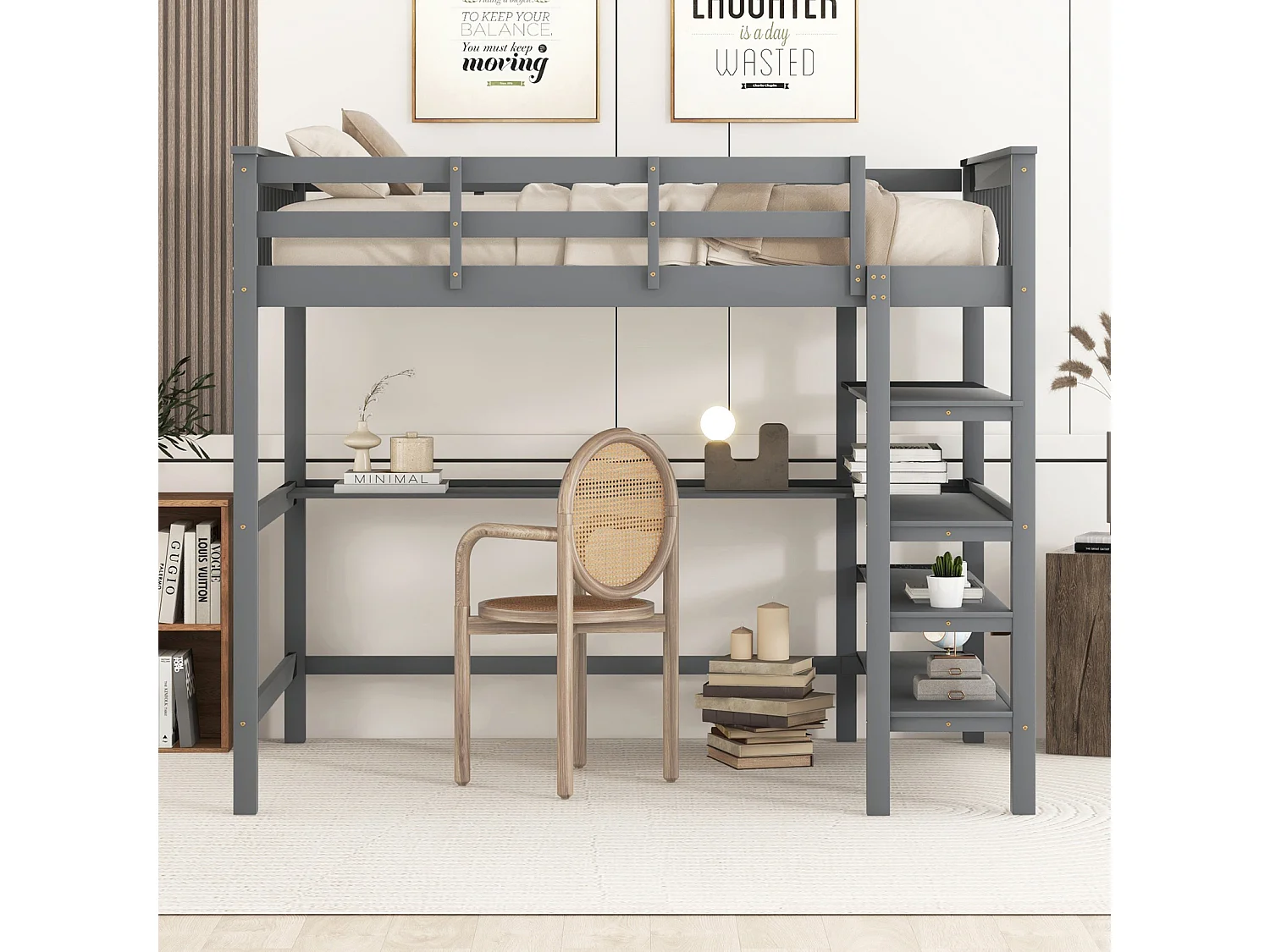 Kinderhoogslaper 140 x 200 met opbergvak en bureau onder het bed, grijs