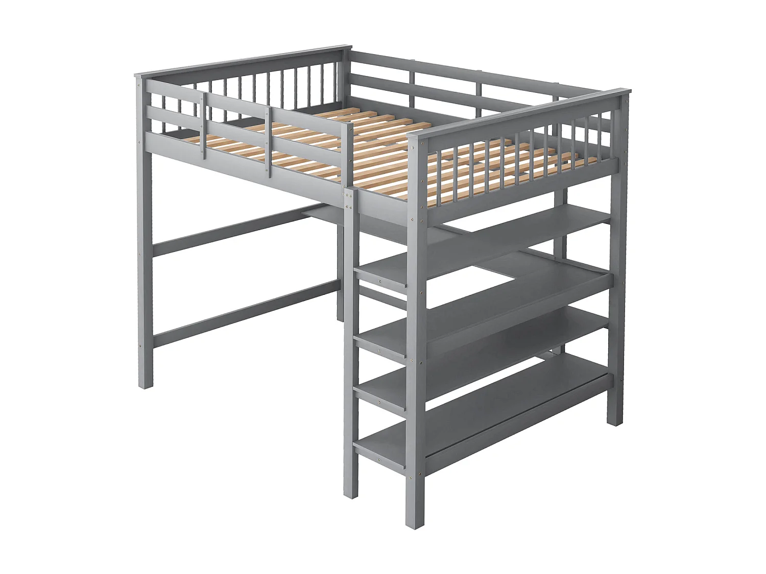 Kinderhoogslaper 140 x 200 met opbergvak en bureau onder het bed, grijs