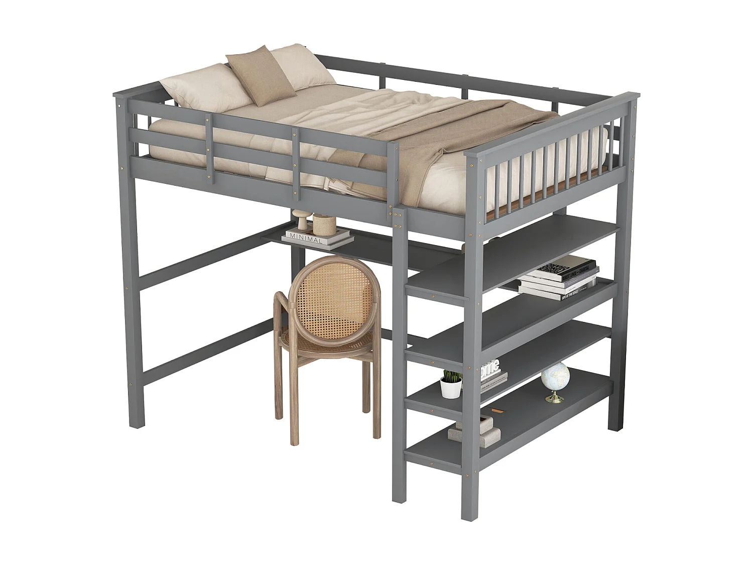 Kinderhoogslaper 140 x 200 met opbergvak en bureau onder het bed, grijs