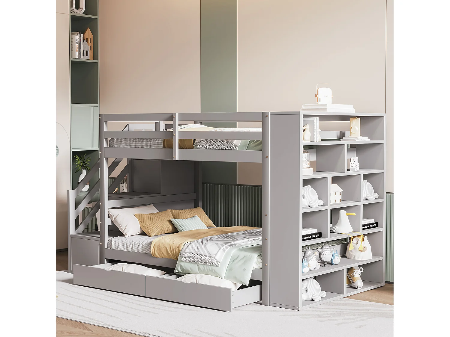 Lit superposé 90x200cm - lit enfant avec 2x sommier à lattes, escalier avec rangement, 2 tiroirs et grands casiers - lit en pin Gris