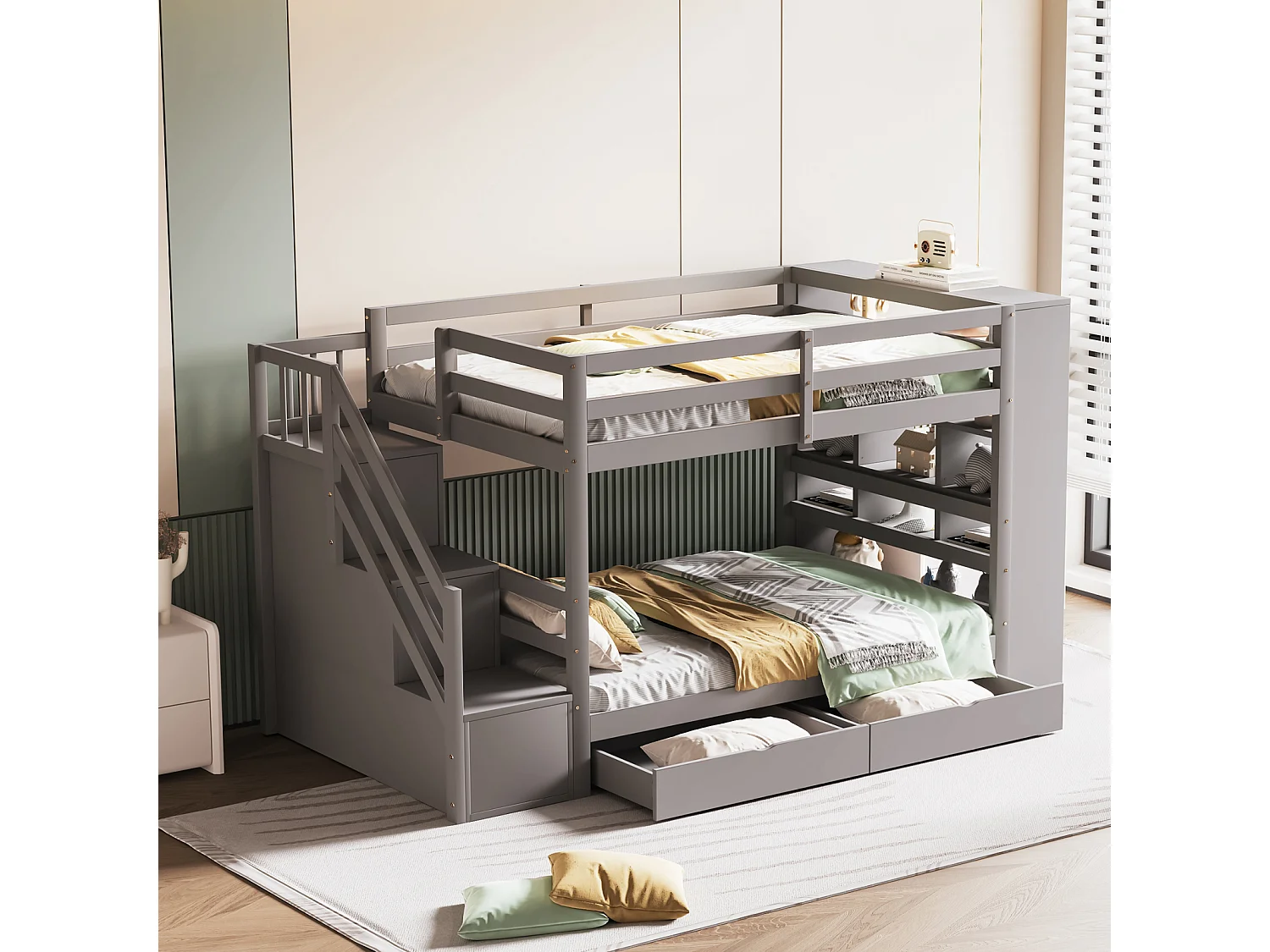 Lit superposé 90x200cm - lit enfant avec 2x sommier à lattes, escalier avec rangement, 2 tiroirs et grands casiers - lit en pin Gris