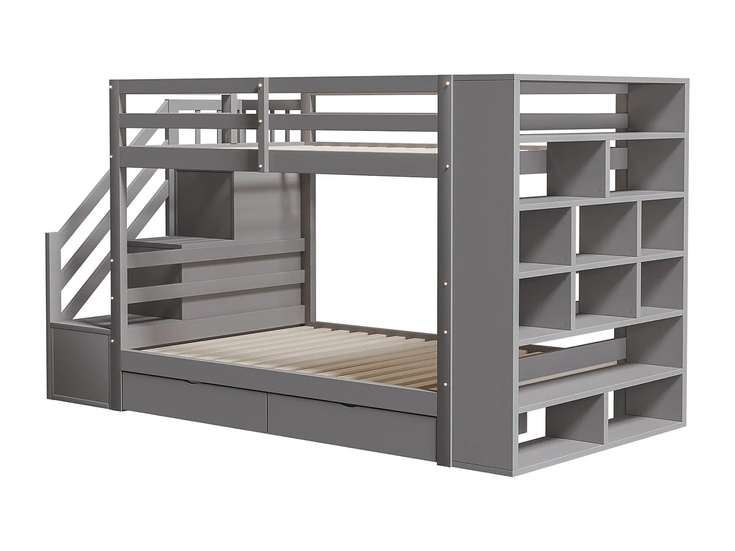 Lit superposé 90x200cm - lit enfant avec 2x sommier à lattes, escalier avec rangement, 2 tiroirs et grands casiers - lit en pin Gris