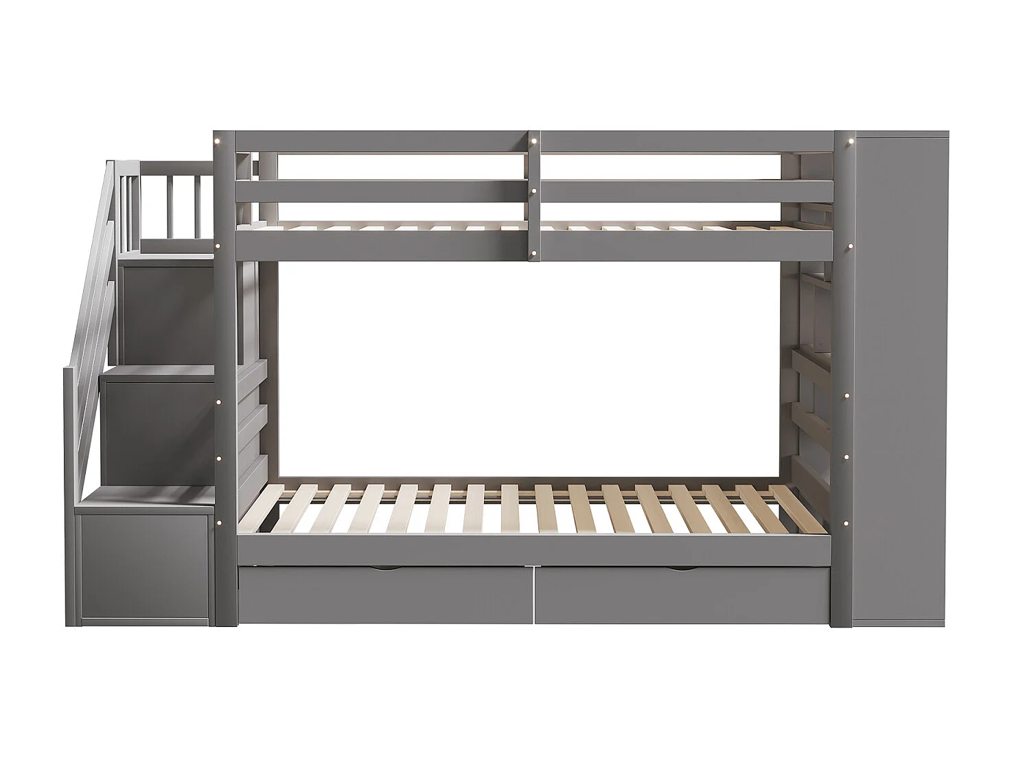 Lit superposé 90x200cm - lit enfant avec 2x sommier à lattes, escalier avec rangement, 2 tiroirs et grands casiers - lit en pin Gris