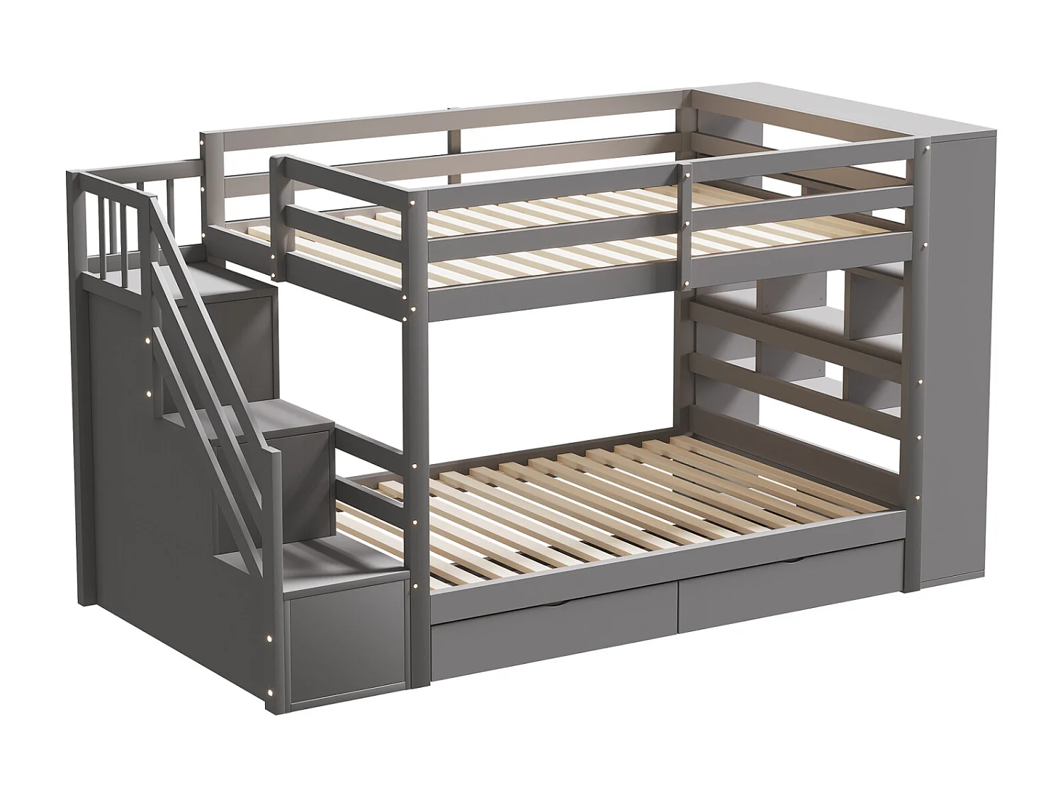 Lit superposé 90x200cm - lit enfant avec 2x sommier à lattes, escalier avec rangement, 2 tiroirs et grands casiers - lit en pin Gris