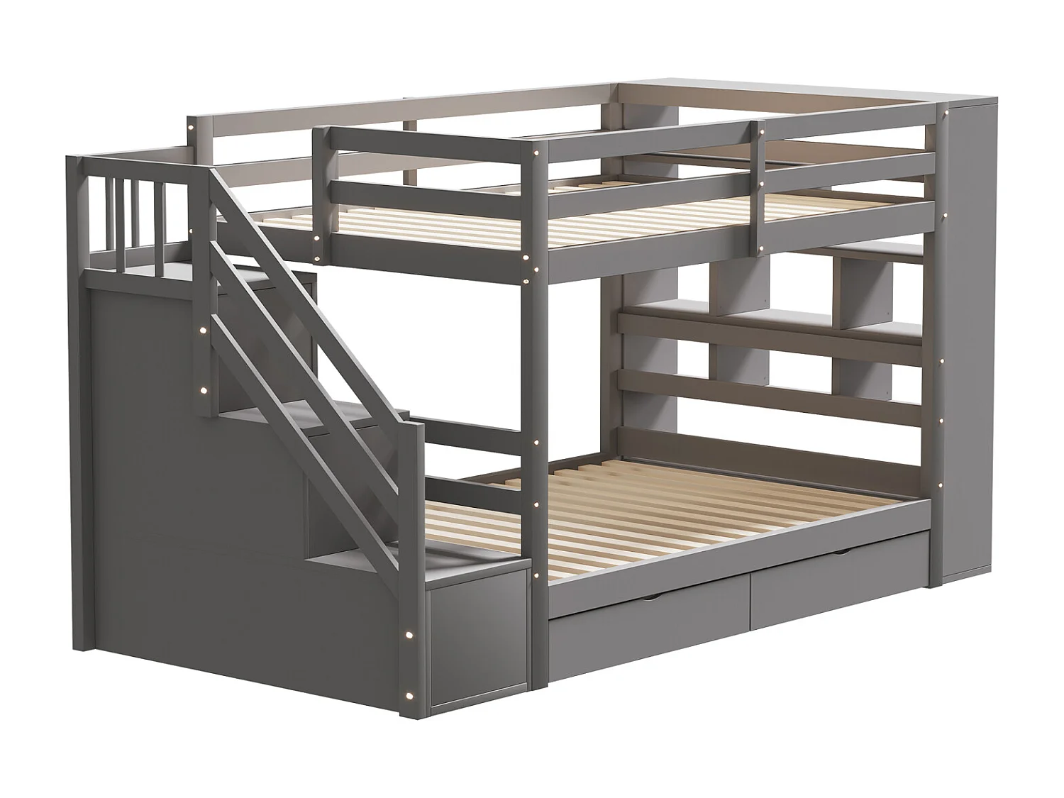Lit superposé 90x200cm - lit enfant avec 2x sommier à lattes, escalier avec rangement, 2 tiroirs et grands casiers - lit en pin Gris