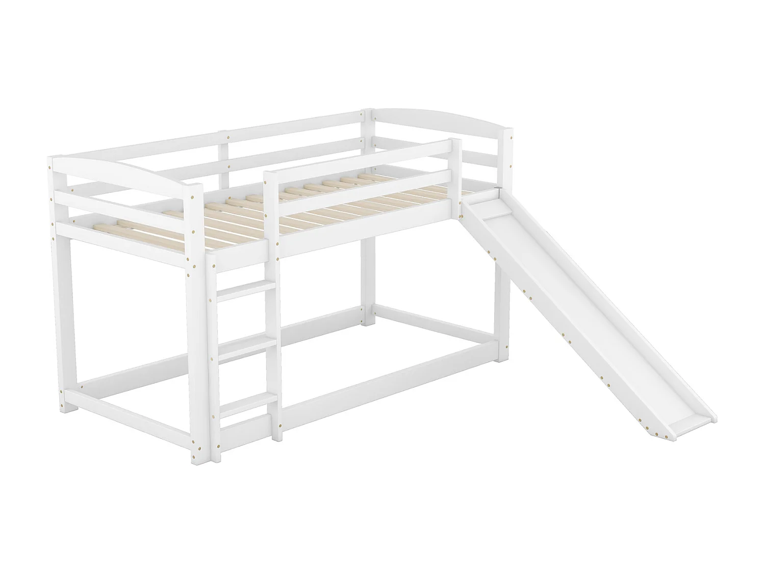 Litera 90x200cm, cama infantil con tobogán, 1 somier, estructura de madera maciza, fácil montaje, color blanco