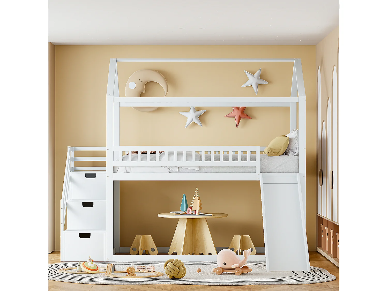 Lit superposé enfant 90x200 cm, lit mezzanine avec toboggan et échelle de rangement, barrière haute, cadre de lit en bois massif, blanc