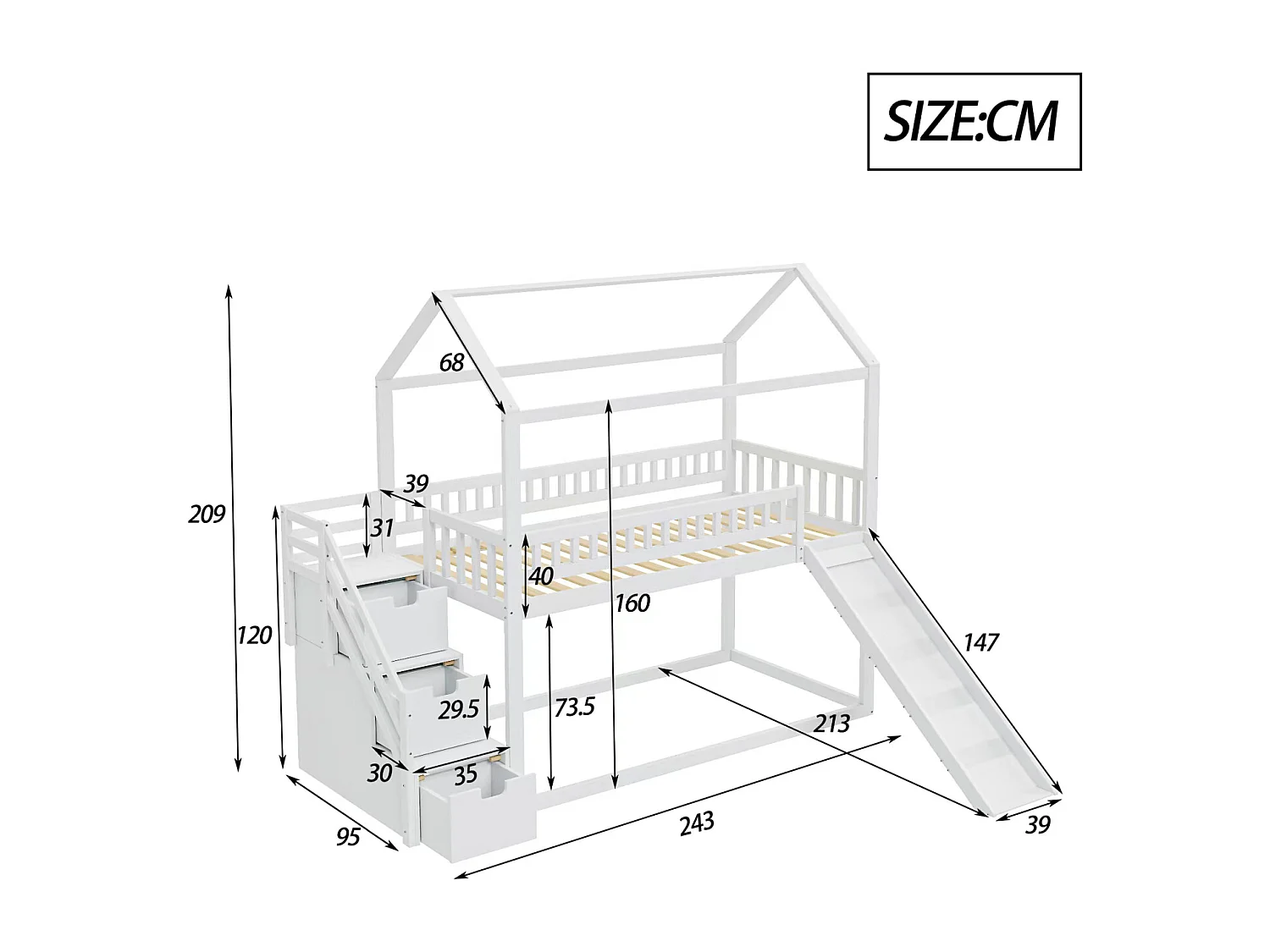 Lit superposé enfant 90x200 cm, lit mezzanine avec toboggan et échelle de rangement, barrière haute, cadre de lit en bois massif, blanc