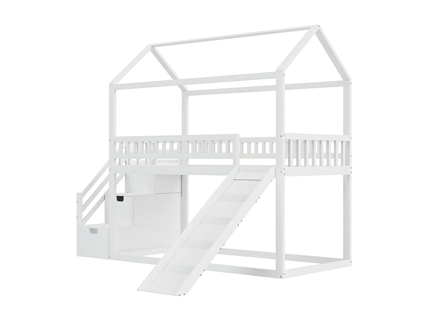 Lit superposé enfant 90x200 cm, lit mezzanine avec toboggan et échelle de rangement, barrière haute, cadre de lit en bois massif, blanc