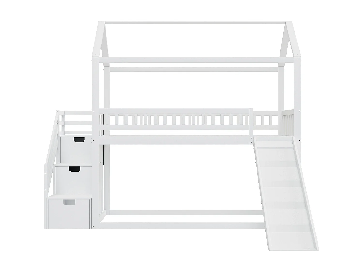 Lit superposé enfant 90x200 cm, lit mezzanine avec toboggan et échelle de rangement, barrière haute, cadre de lit en bois massif, blanc