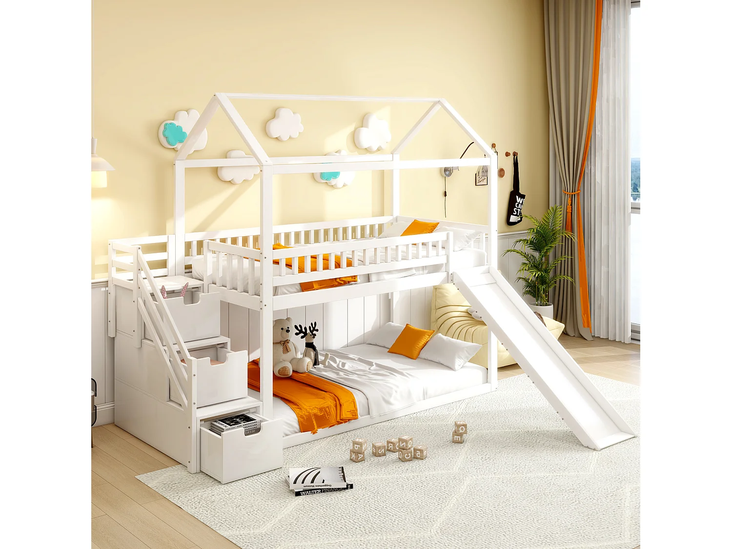 Lit superposé enfant 90x200 cm, lit mezzanine avec toboggan et échelle de rangement, barrière haute, cadre de lit en bois massif, blanc