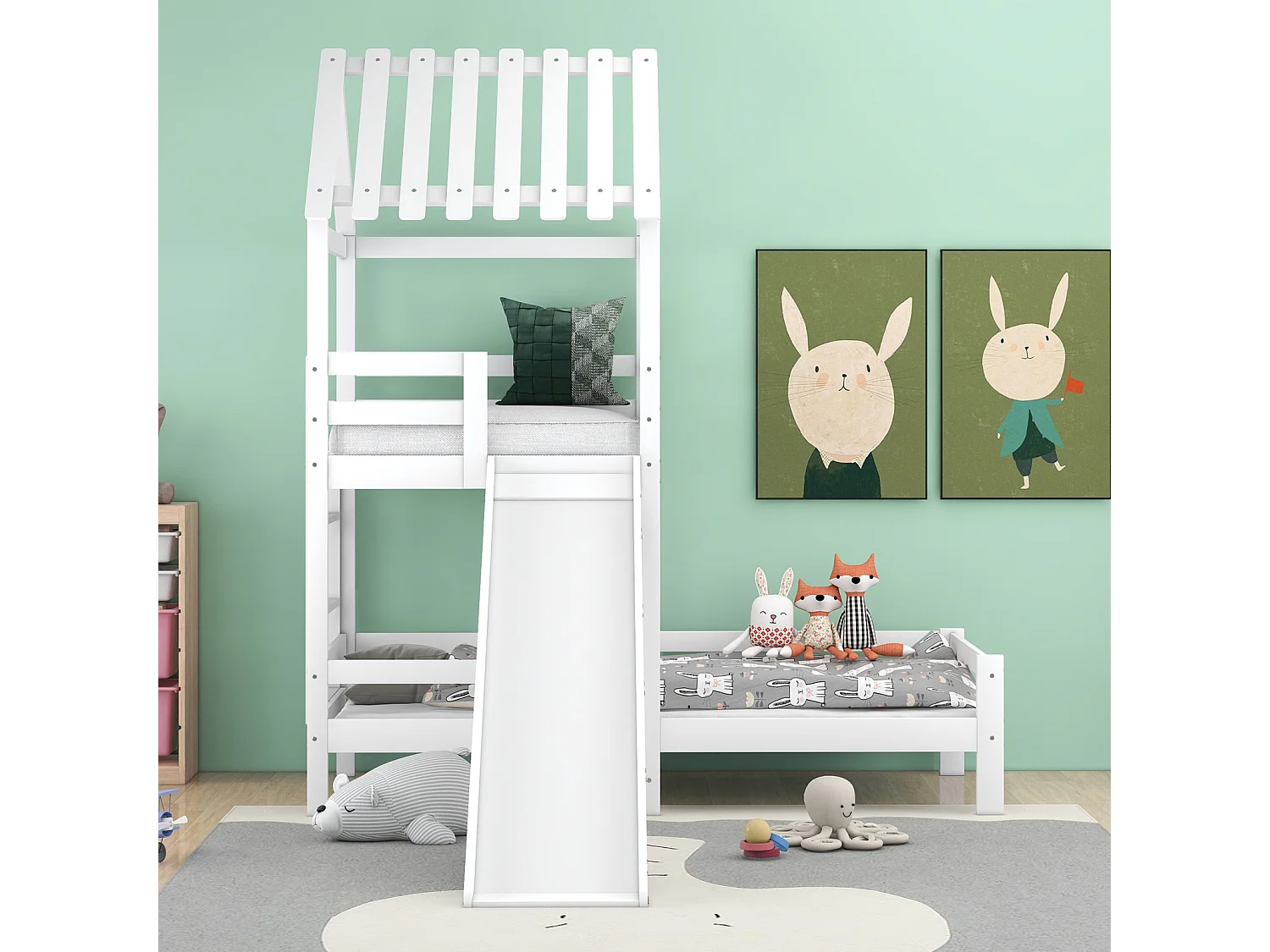 Lit superposé enfant 90x200cm+90x100cm - avec toboggan, sommier à lattes en pin, antichute, 2 niveaux - Blanc