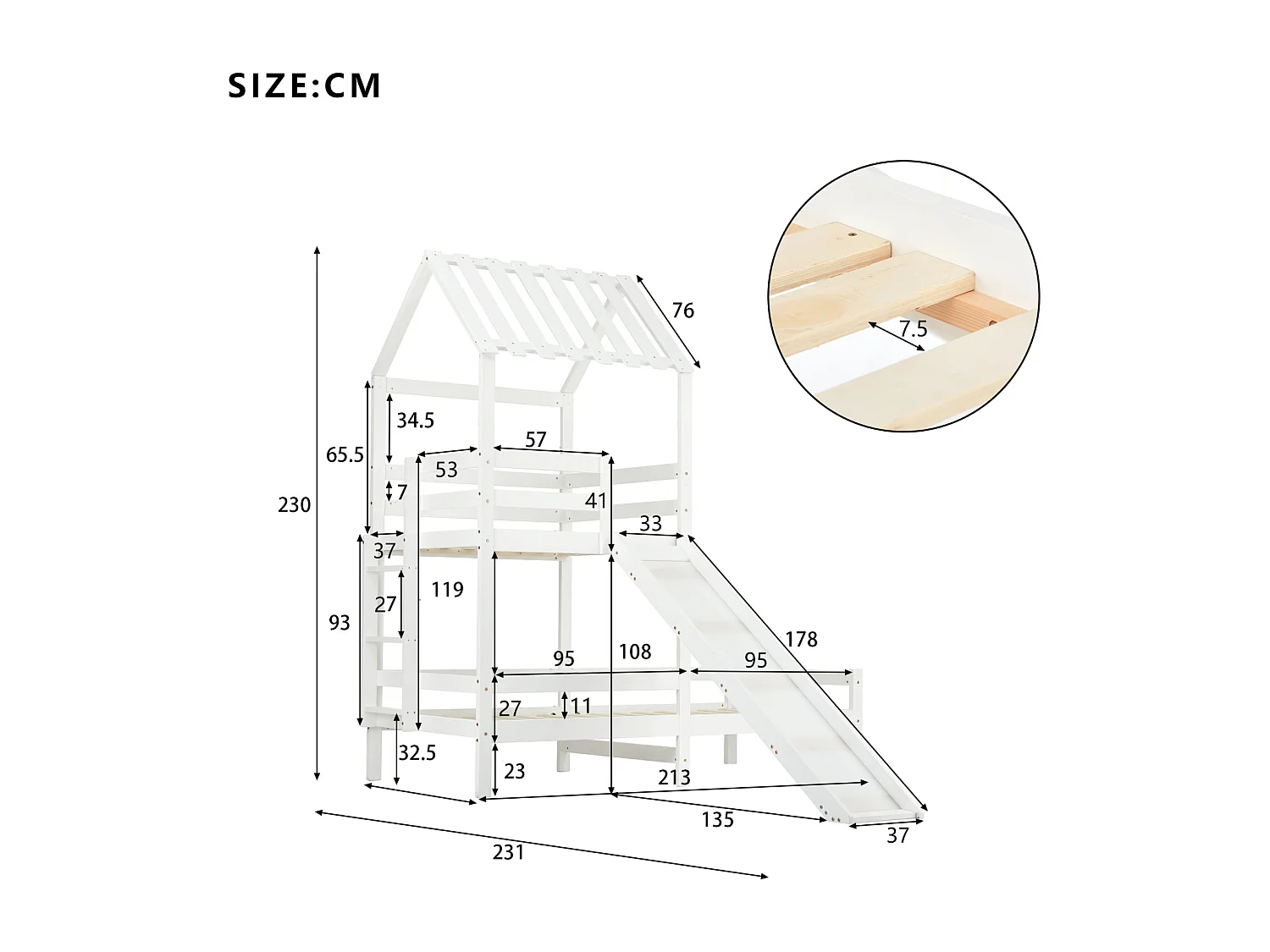 Lit superposé enfant 90x200cm+90x100cm - avec toboggan, sommier à lattes en pin, antichute, 2 niveaux - Blanc