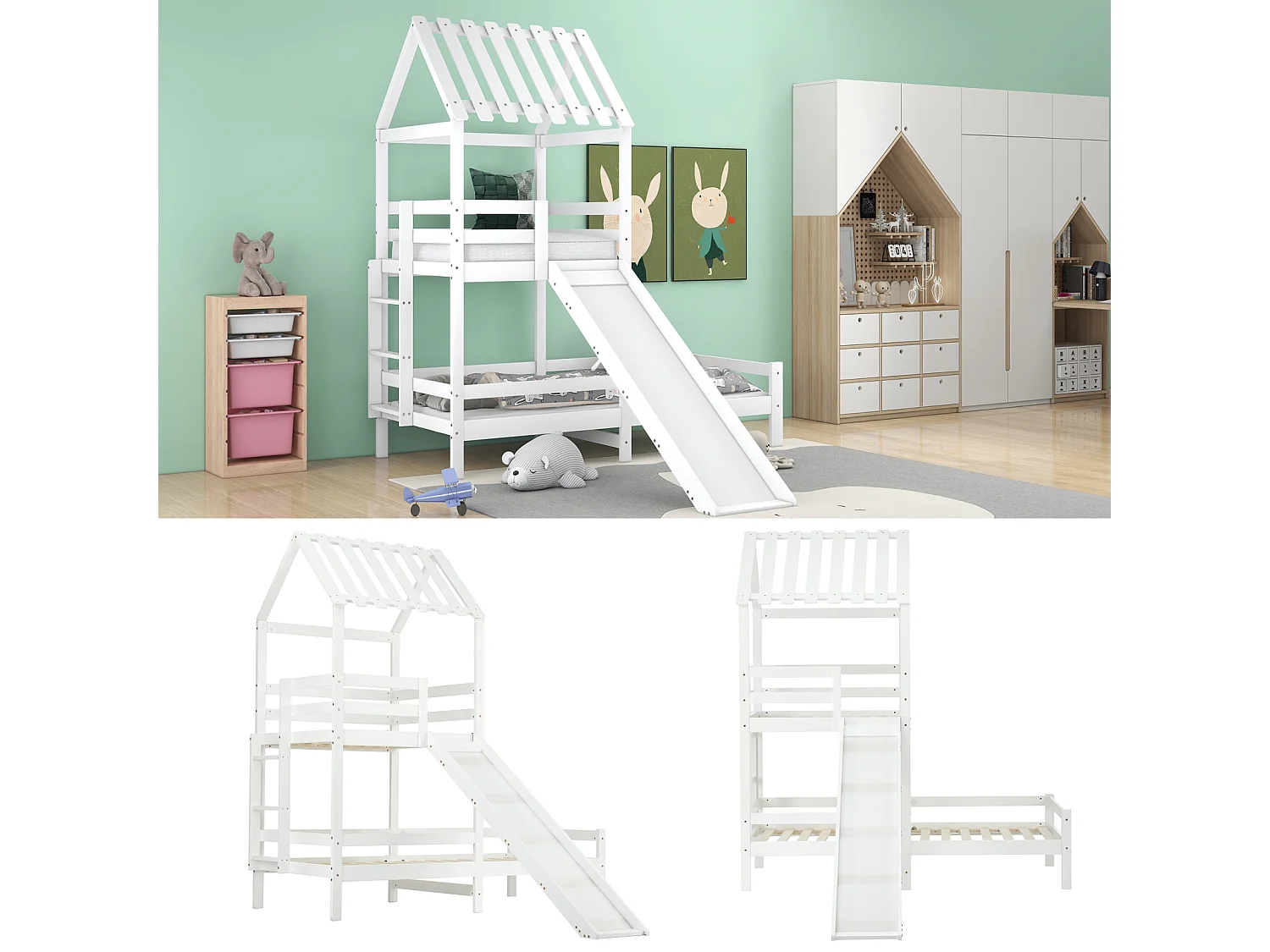 Lit superposé enfant 90x200cm+90x100cm - avec toboggan, sommier à lattes en pin, antichute, 2 niveaux - Blanc