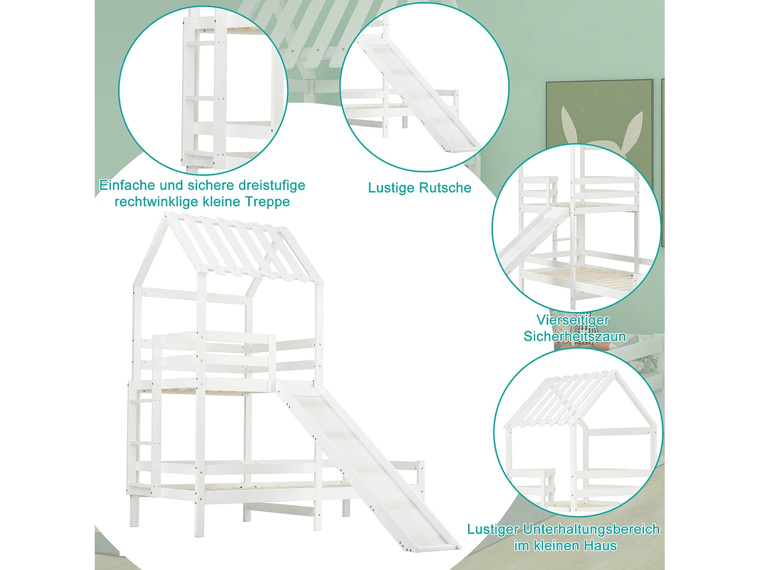 Lit superposé enfant 90x200cm+90x100cm - avec toboggan, sommier à lattes en pin, antichute, 2 niveaux - Blanc