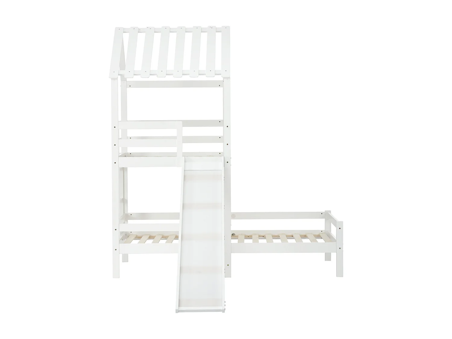 Lit superposé enfant 90x200cm+90x100cm - avec toboggan, sommier à lattes en pin, antichute, 2 niveaux - Blanc