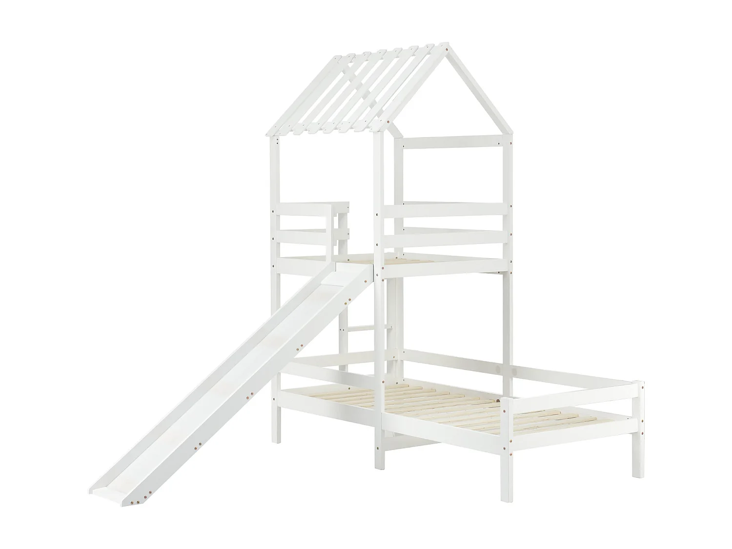 Lit superposé enfant 90x200cm+90x100cm - avec toboggan, sommier à lattes en pin, antichute, 2 niveaux - Blanc