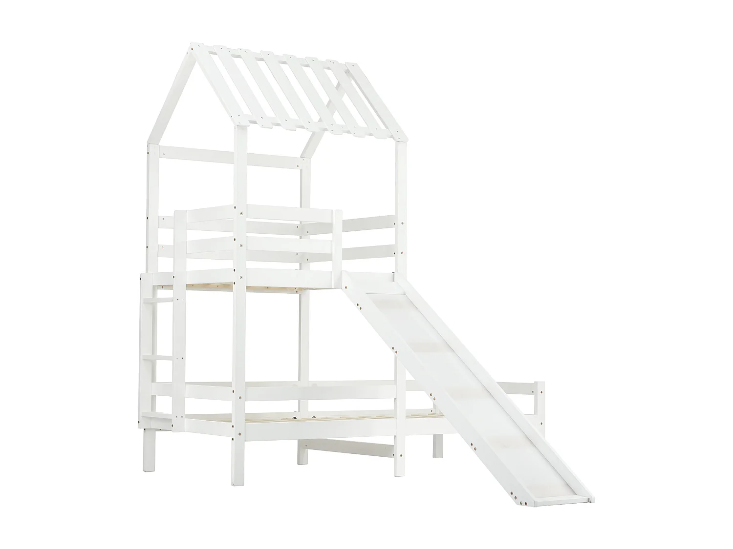 Lit superposé enfant 90x200cm+90x100cm - avec toboggan, sommier à lattes en pin, antichute, 2 niveaux - Blanc